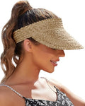 Straw Sun Visors & Hats for Women - Packable Beach Hats, Handmade, Sun Protection - color: Khaki