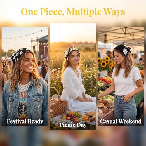 3 Pcs Daisy Crochet Bandana, Cute Bandanas for Women, Flowers Crochet Head Scarf, Floral Head Scarf for Women's hair Styling Decor (Black, White) - color: Black, White-Style2