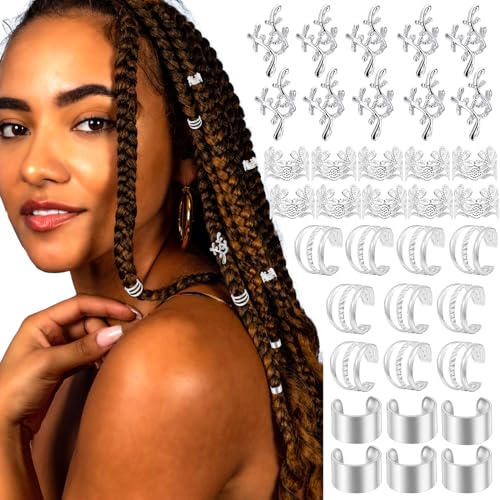 40PCS Silver Hair Jewelry for Braids Multi Style Hair Cuffs Metal Loc Dreadlock Accessories Non-Piercing Ear Clips Braid Jewelry for Women and Girls - color: Silver-1
