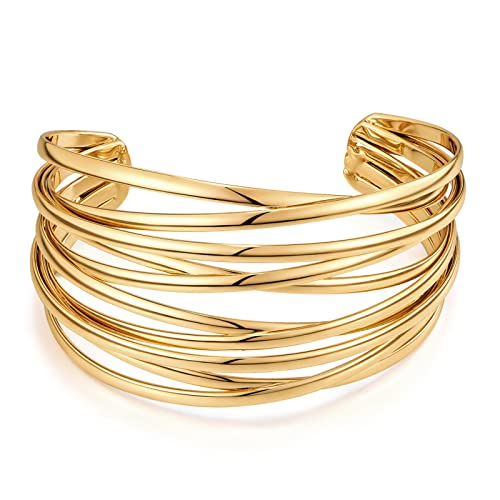 WOWORAMA Chunky Cuff Bracelets for Women Multi-layer Cross Wire Open Bangle Bracelet Adjustable Chunky Wide Open Wrist Arm Cuffs Wrap Bracelet Gold/White Gold - color: Gold Cross Wire Cuff