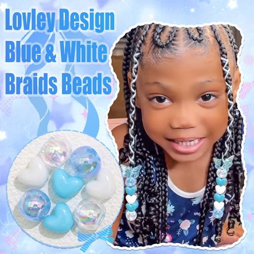 60PCS Heart Hair Beads Blue White AB Round Bead Loc Jewelry Accessories Lovely Acrylic Pony Dreadlock Beads for Kids Girls - color: Blue&White