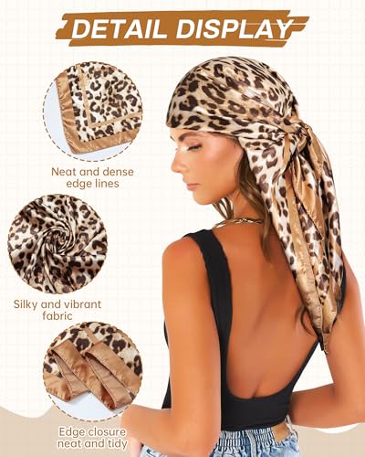 Mesovor 35” Square Head Scarf for Women, 3 Pack Like Silk Satin Headscarf Hair Neck Scarf Top Bandanas for Sleeping - color: Leopard(red/Coffee/Khaki)