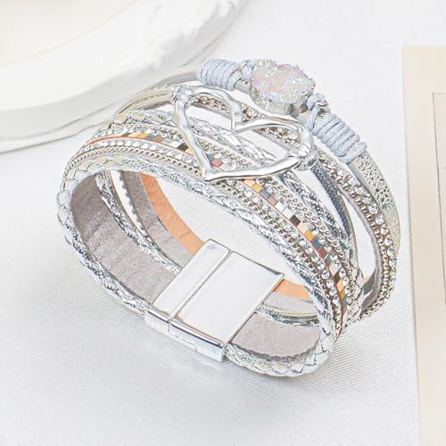 Leather Wrap Bracelet for Women, Boho Cuff Bracelet with Strong Clasp, Multi-Layer Crystal Leather Bracelet for Valentine Mother's Day - color: 01-Heart-Silver