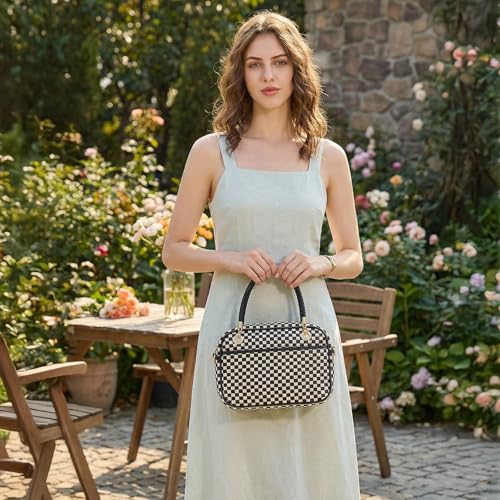 Chic Woven Crossbody Camera Bag, Soft Vegan Leather Purse with Designer Look & Braided Handle - color: Black and White Checkered