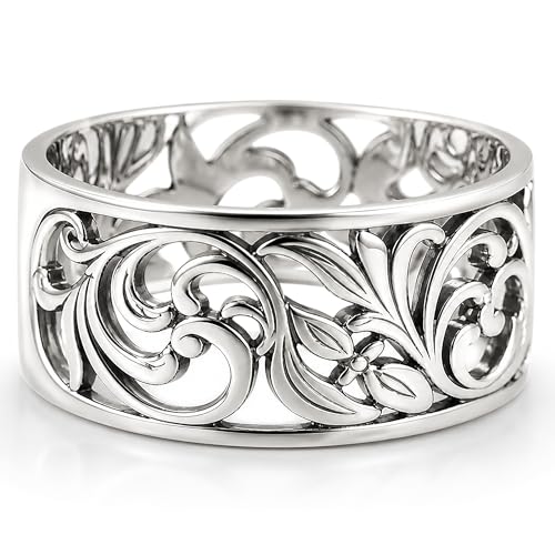 Norwegian Rosemaling Ring - Sterling Silver Floral Filigree Band - Wide Vintage Style Wedding Band Plus Size - Norse Nordic Jewelry for Women - Handmade