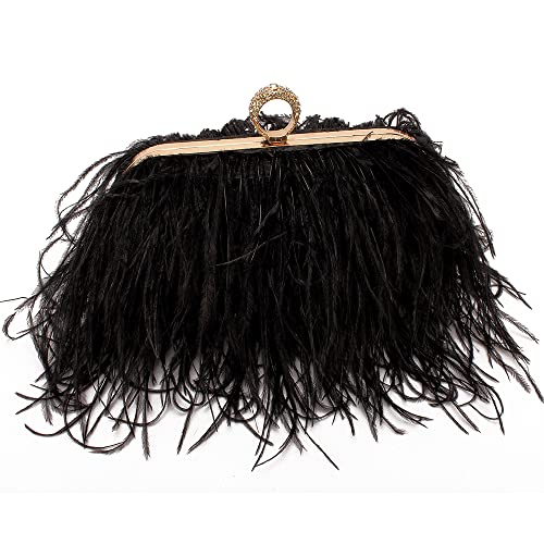 Women Real Natural Ostrich Feather Evening Bags Purses Clutch Vintage Banquet Handbag - color: Black