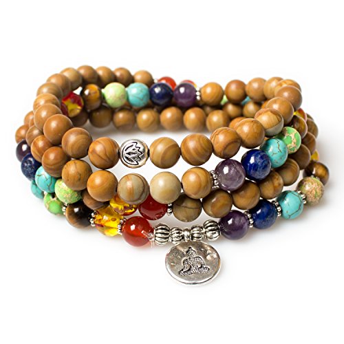 108 Mala Beads Necklace 7 Chakra Buddhist Prayer Beaded Bracelet Tree of Life Pendant Stone Yoga Necklace - color: Wood Jasper-Buddha