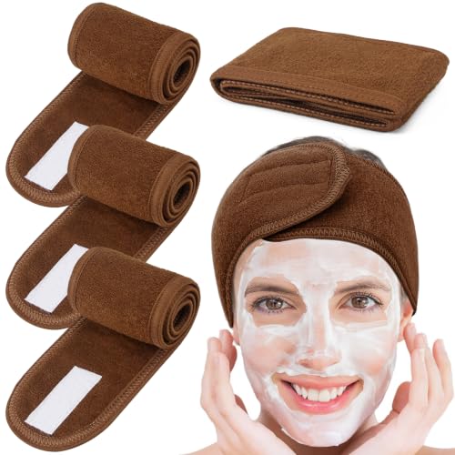 Whaline 4Pcs Spa Facial Headbands Make Up Wrap Head Terry Cloth Headband Soft Adjustable Towel Band for Face Washing Shower Facial Cover Yoga (Coffee) - color: Coffee