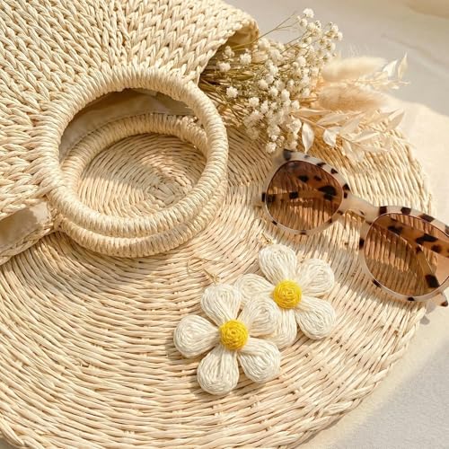 Woven Raffia Rattan Earrings for Women, Boho Flower Hoop & Drop Dangle Earrings Collection, Handmade Summer Beach Vacation Statement Earrings for Party Daily Wear - color: Multi-Layer Daisy Stud