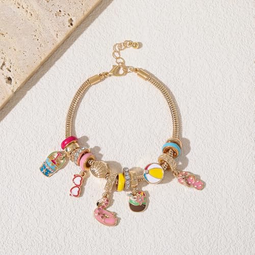 Madison Tyler Beach Bracelet for Women | Seahorse Octopus Tropical Fish Sea Turtle Shell Conch Beaded Charm Bracelet | Cute Gold Plated Adjustable Snake Chain Bracelet - style: Beach Bucket Heart Sunglasses