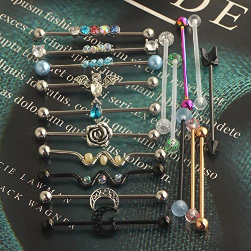 Suotarn 14G Industrial Piercing Jewelry For Women Men Stainless Steel 38 Industrial Barbell Long Cartilage Helix Conch Earrings Stud 14G Gauges Industrial Jewelry Butterfly Heart Cool 7-18pcs - color: mix 18pcs