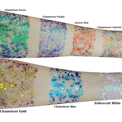 MEICOLY Chameleon Gold Body Glitter,Mardi Gras Outfit for Women,Color Changing Face Glitter,Self-Adhesive Chunky Hair Glitter Face Paint,Holographic Glitter for Festival Party Costume Makeup - color: chameleon gold body glitter