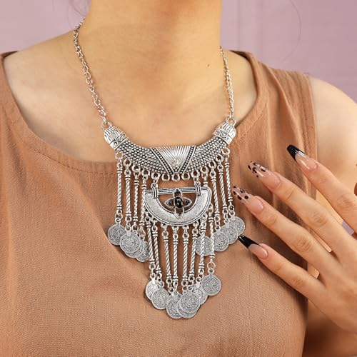 Bethynas Bohemian Ethnic Tribal Chunky Necklace Multilayer Long Tassel Turquoise Statement Neck Chain Retro Coin Gemstone Exaggerated Costume Accessories for Women - color: E-Black