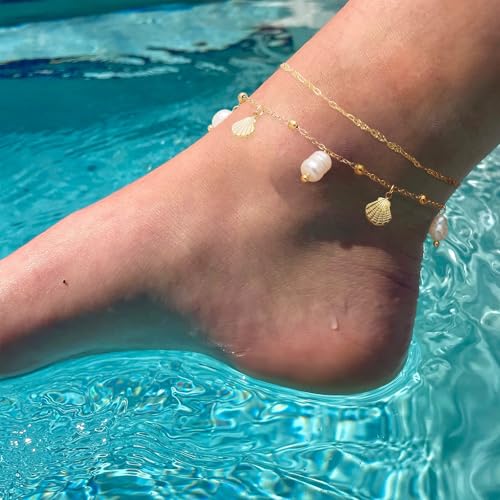 Dainty Gold Shell Pearl Charm Ankle Bracelet for Women Trendy non-Tarnish Adjustable Anklet Summer Beach Fashion Jewelry Gift - color: Link