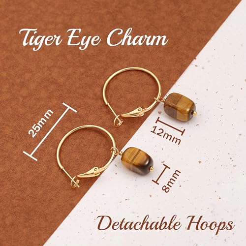 Gold Plated Huggie Hoop Earrings with Charms Fashion Pearl Drop Dangle Earrings for Women Handmade Karma Circle Jewelry for Ladies Lightweight Pearl Earrings on Christmas - color: Tiger Eye