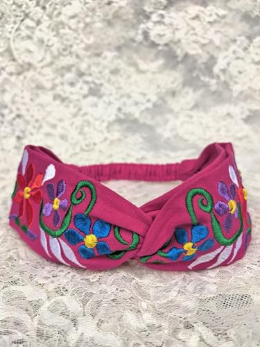 FANFAN Fuchsia Mexican Floral Embroidered Headband - Twist Knotted Criss Cross Elastic Stretchable Hair Band for Wedding, Festival & Daily Use Christmas Gift E9 (Fuchsia, Free Size) - color: Fuchsia