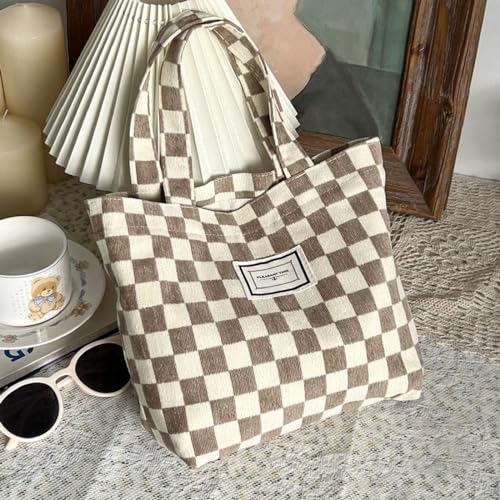 Kovewon 2PCS Corduroy Small Tote Bag for Women Cute Checkerboard Mini Tote Bag Preppy Aesthetic Reusable Bags for Grocery, Essentials, Water Bottle, Keys - color: Brown