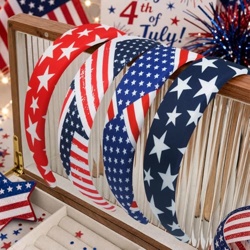 Huachi 4th of July Headbands for Women Non Slip, American Flag Headbands for Women’s Hair 1 inch Wide, Red White and Blue Hair Accessories, Patriotic Head Bands Cute USA Headband for Girls 4PCS - color: Red White and Blue Headbands Set