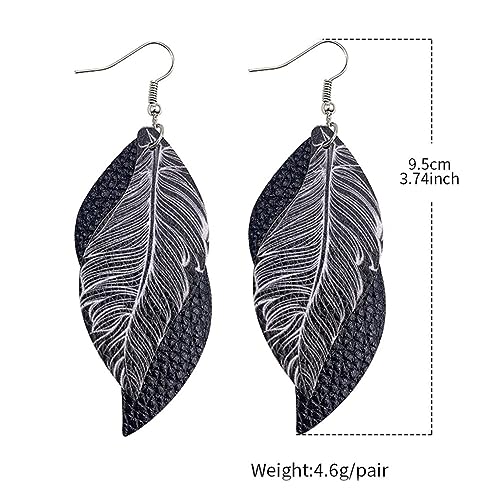 ANXIN boho unique Leather Earrings 2 Layered Lightweight Faux Leather Leaf Earrings Layered Design Drop Earrings Gift for Women - color: Black Faux Leather Leaf Earrings