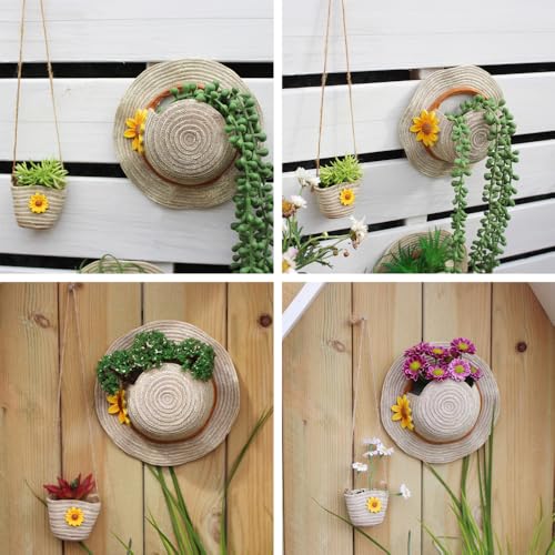 Resin Bag and Straw Hat Succulent Planter,Boho Straw Hat Wall Hanging Flower Pot,Garden Decorative Hanging Flower Pot with Drainage Hole,Plant Container Gift - color: Design-1