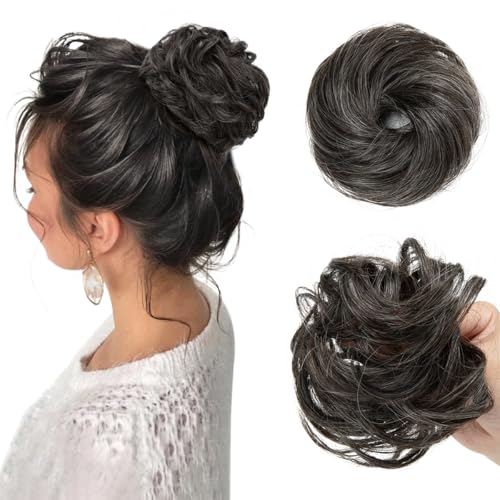 CJL HAIR 2PCs Small Cute Messy Bun Hair Piece for Thin Hair Women Mini Synthetic Curly Bun Scrunchies Updo Hairpieces Pepper Grey - color: 2PCS-Pepper Grey