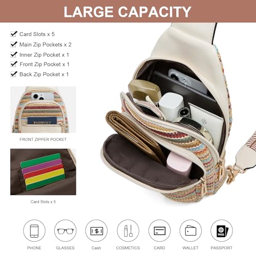 cakang Womens Sling Bag Crossbody Bags for Women Vegan Leather Sling Backpack Daypack Fanny Pack Crossbody Purse Travel - color: 7-rainbow Weaving-white