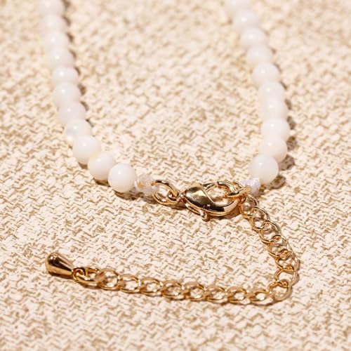 Simple Choker Necklace for Women Real Stone and Crystals Necklaces 4mm Beaded Choker Jewelry Meditation Gift for Women (16"+2") - style: White Shell