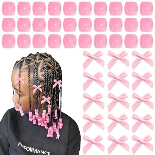 45PCS Pink Hair Bow Large Hair Beads for Braids Acrylic Loc Jewelry Beads Cute Bow Hair Clips for Women Girls - color: Pink
