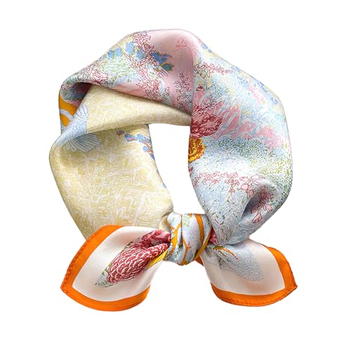 MEISEE 100% Pure Mulberry Silk Scarf 21" Square Scarf Neckerchief Headscarf Breathable Lightweight for Women Gift Packed - color: M3 Orange Beige Flower