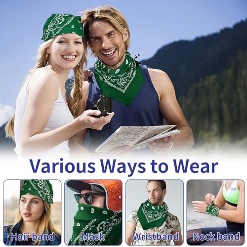 6 Pack Pure Cotton Bandana, Multi-Purpose Square Handkerchief, Face Mask headband for Men and Women - color: Green