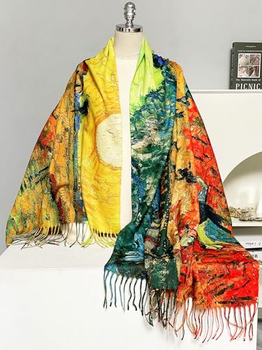 VENVSBEE Reversible Scarf Soft Large Shawl Wrap Blanket Double Sided Art Print Warm Pashmina Stoles Klimt Van Gogh Gifts - color: Art 15