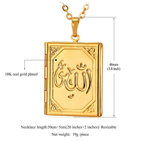U7 Allah Necklace for Women/Men, 18K Gold Plated Square/Oval/Coin/Heart/Crescent Moon Islamic Pendant Necklace Muslim Jewelry with Chain - color: 05.Locket Gold