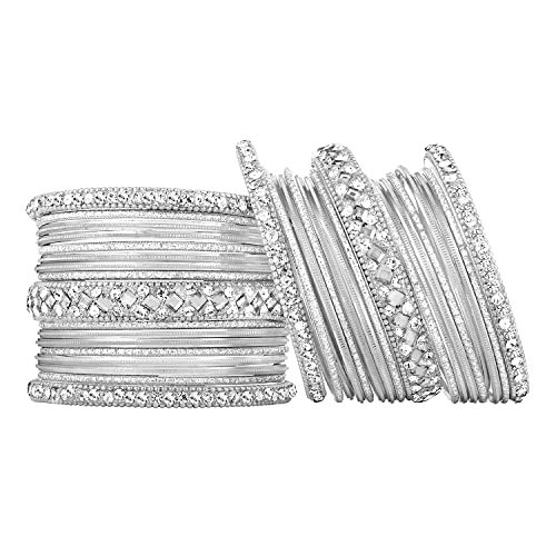 Aheli Ethnic Colorful Metal Bangles Chudha Set Stone Studded Bangle Set Indian Wedding Wear Fashion Jewelry Gift for Women Blue - color: Silver