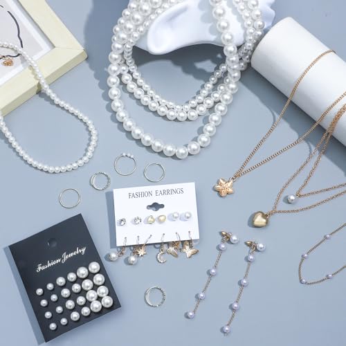 NEWITIN 69 Pieces Gold Jewelry Set for Women Fashion Costume Jewelry Gold Plated Necklace Bracelet Earrings Set for Women - color: Pearl Jewelry Set