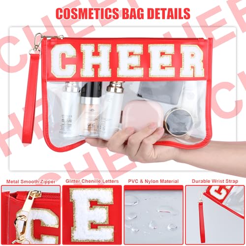 BuyCard Cheer Chenille Letter Bags Clear Makeup Bag, Cheerleader Gifts Cosmetic Bag, Varsity Preppy Patch Flat Pouch Cheer Accessories, Waterproof PVC Organizer Toiletry Bag for Women Girls Red - color: Red-Cheer
