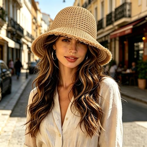 Straw Bucket Hat for Women Foldable Summer Beach Sun Hats Wide Brim Crochet Floppy Hat for Vacation Travel Shade & Style - color: Khaki-d