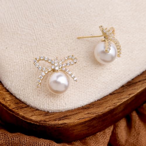 Pearl Earrings for Women, Trendy Dainty Cubic Zirconia Piercing Hypoallergenic CZ Earring Prom Holiday Fashion Jewelry Gift. - color: Gold Pearl
