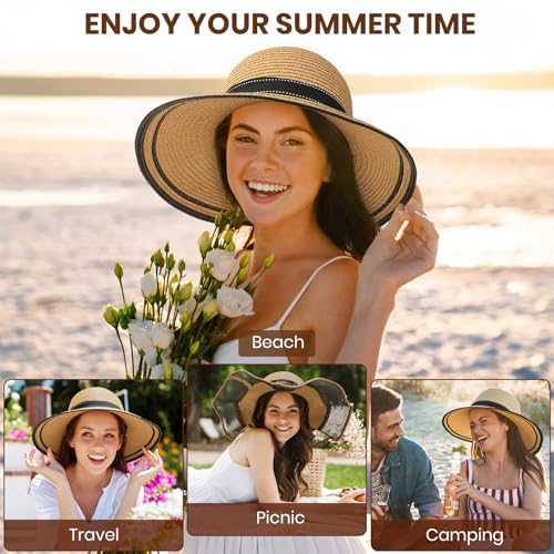 Beach Hats for Women, Wide Brim Sun Straw Hat for Women, Sun Hat UPF 50+ UV Protection - color: Brown Hat