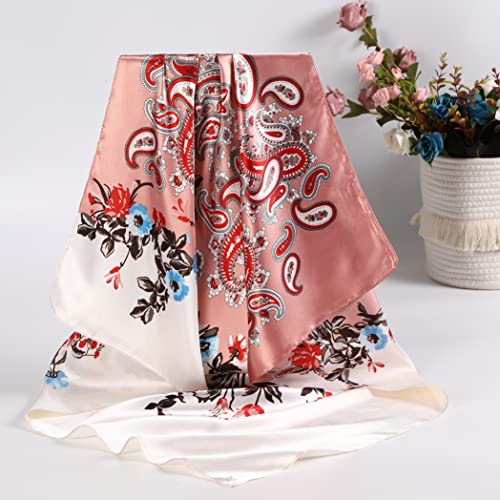 AWAYTR Satin Silk Scarf - Large Hair Bandana, Sleeping Wrap for Women - color: Cashew(white+pink)