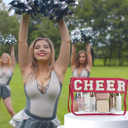 BuyCard Cheer Chenille Letter Bags Clear Makeup Bag, Cheerleader Gifts Cosmetic Bag, Varsity Preppy Patch Flat Pouch Cheer Accessories, Waterproof PVC Organizer Toiletry Bag for Women Girls - color: Rose Red-Cheer
