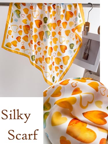 Silky Scarf for Women Lightweight Satin Bandanas Neck Hair Wrap For Sleeping Head Scarves 27.5" - color: A26 Yellow Heart/27.5"