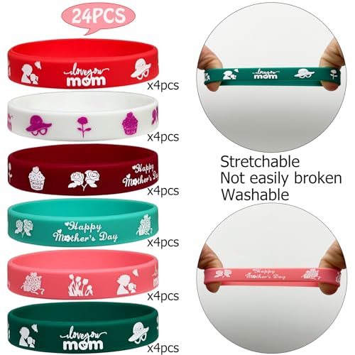 24 Packs Happy Mother’s Day Silicone Bracelets Party Supplies Thank You Mom Motivational Rubber Wristbands Best Mom Birthday Themed Party Favors Award Gifts Bulk of Bracelets Goodie Bag Stuff