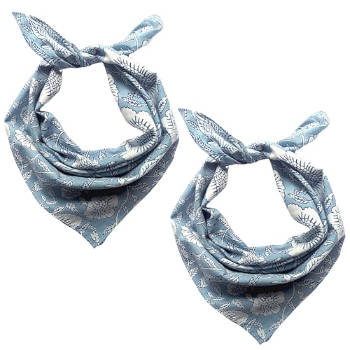 AVKA Studio 100% Cotton Bandanas for Women & Men, 2 Pack 20x20 Inch, 22x22 inch Hand Printed, Lightweight Cotton Handkerchief - color: Grayish Blue, size: 22 x 22 Inches Large