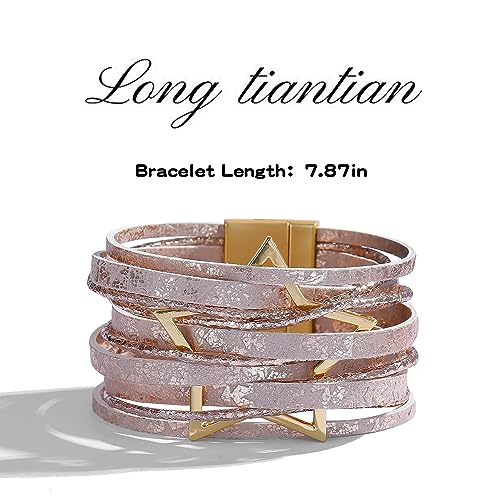 Long tiantian Leather Bracelets for Women Men Heart Wrap Bracelets Western Jewelry Cowgirl Outfits Birthday Gifts for Her - color: B1:light red leather bracelet