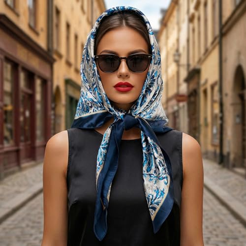 Pistha Head Scarf Bandana for Women, Satin Scarf for Hair, Large Square Silk Bandana Headscarf for Women and Men 35 Inch - style: Flower-blue