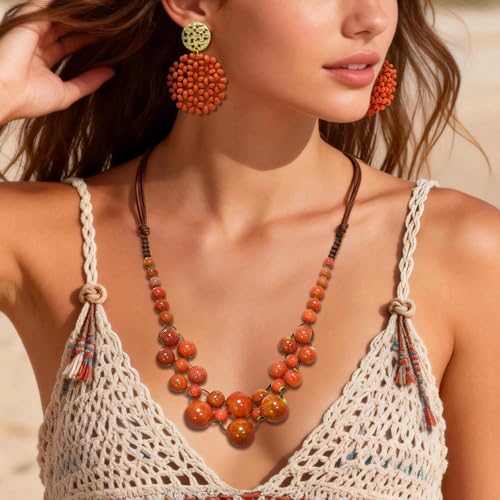 2 Pcs Hippie Boho Colorful Ceramic Beaded Necklace and Earrings Set for Women Adjustable Chunky Round Beads Strand Statement Necklace Colorful Summer Beaded Earrings Bohemian Jewelry Gift - color: Dark Pink