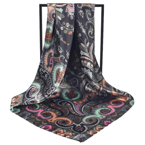 35 Inches Silk Head Scarf-Satin Hair Scarves Silk Bandana Scarf Headscarf for Women's Fashion Scarves - color: Cashews With Buddha-black
