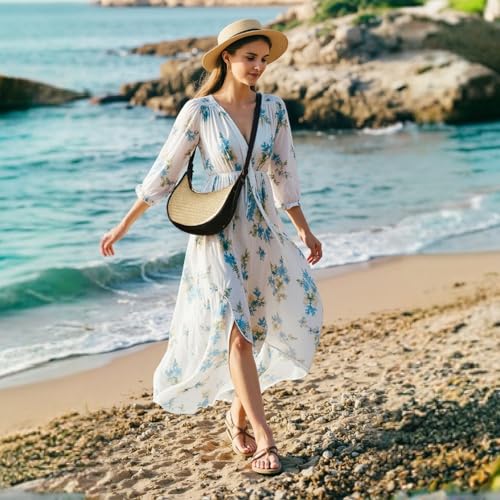 Herald Straw Crossbody Bag for Women Beach Woven Hobo Handbag Summer Chic Crescent Shoulder Purses with Adjustable Strap - color: Black