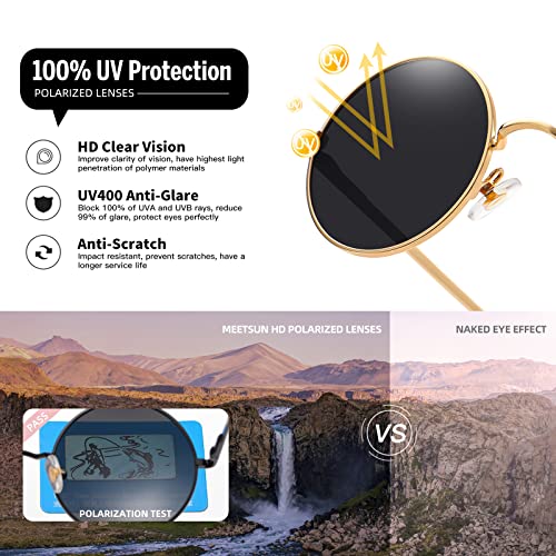 MEETSUN Small Round Polarized Sunglasses for Men Women Metal Retro Hippie Circle Sun Glasses Driving Festival Cosplay UV400 - color: Black / Grey + Gold / Grey