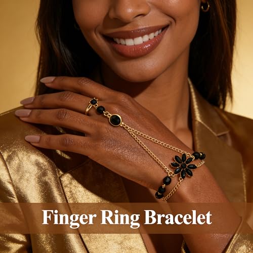 Hand Chain Bracelets for Women Elegant Gemstone Flower Hands Harness Bracelet Adjustable Finger Ring Bracelet Hand Chain Wrist to Finger Hand Jewelry Gift for Women - color: Black